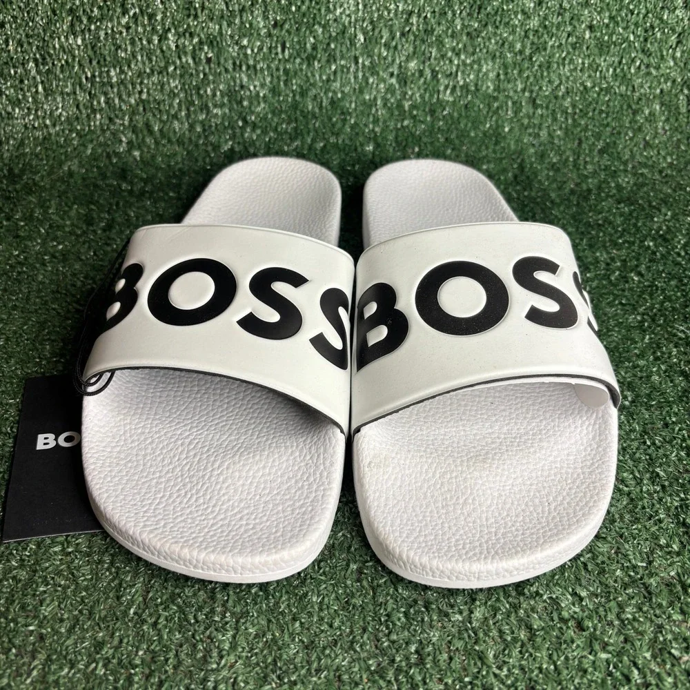 NEW‎ HUGO BOSS Aryeh Logo Pool Slides Beach Sandals White Black Mens Size 12